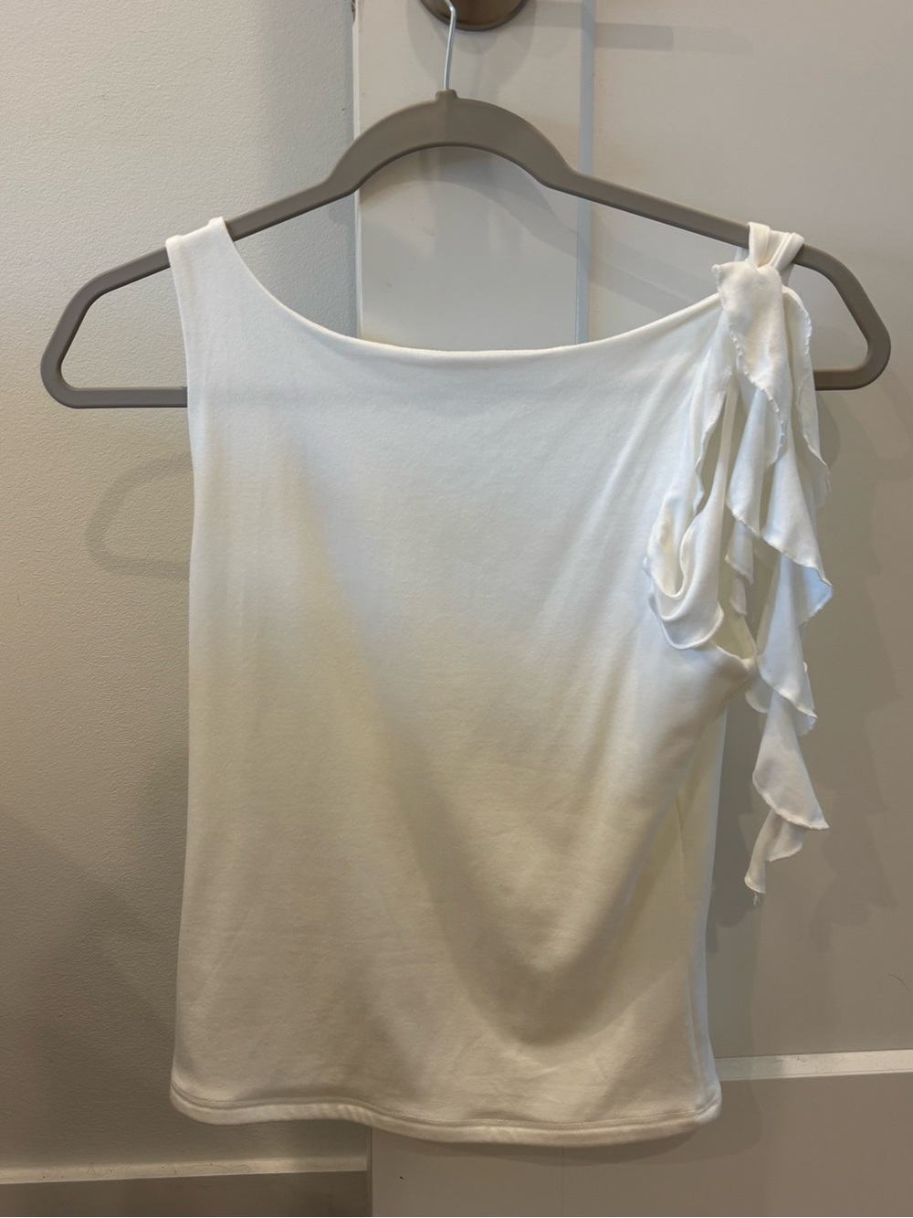 High Neck Low Back White Ruffle Top